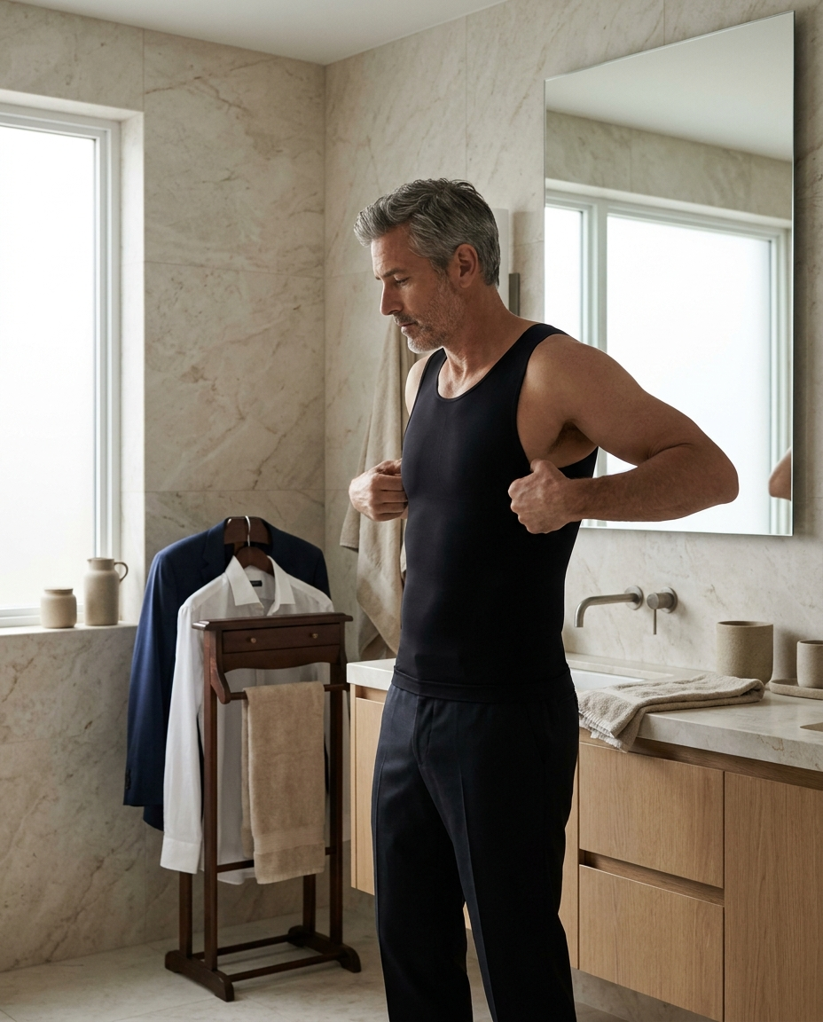 Homme enfilant STATO devant le miroir