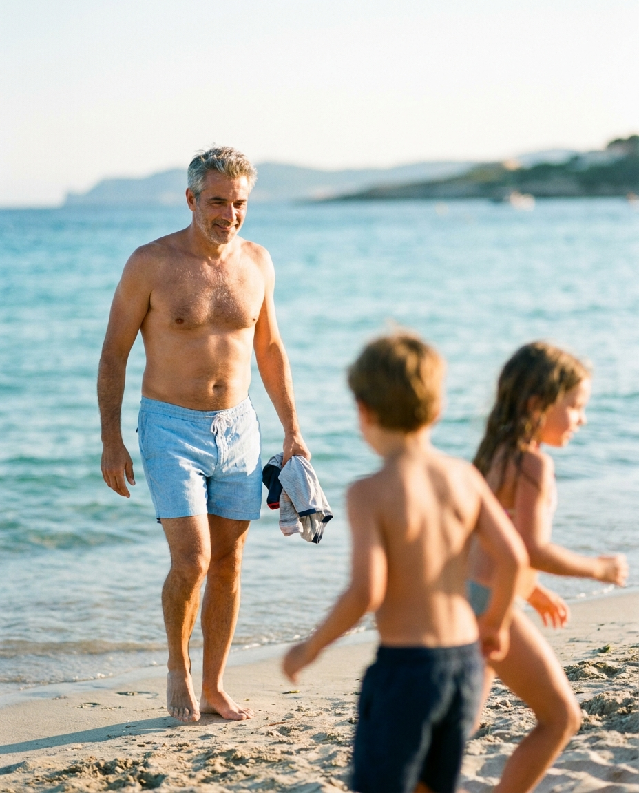 Père et enfants sur la plage