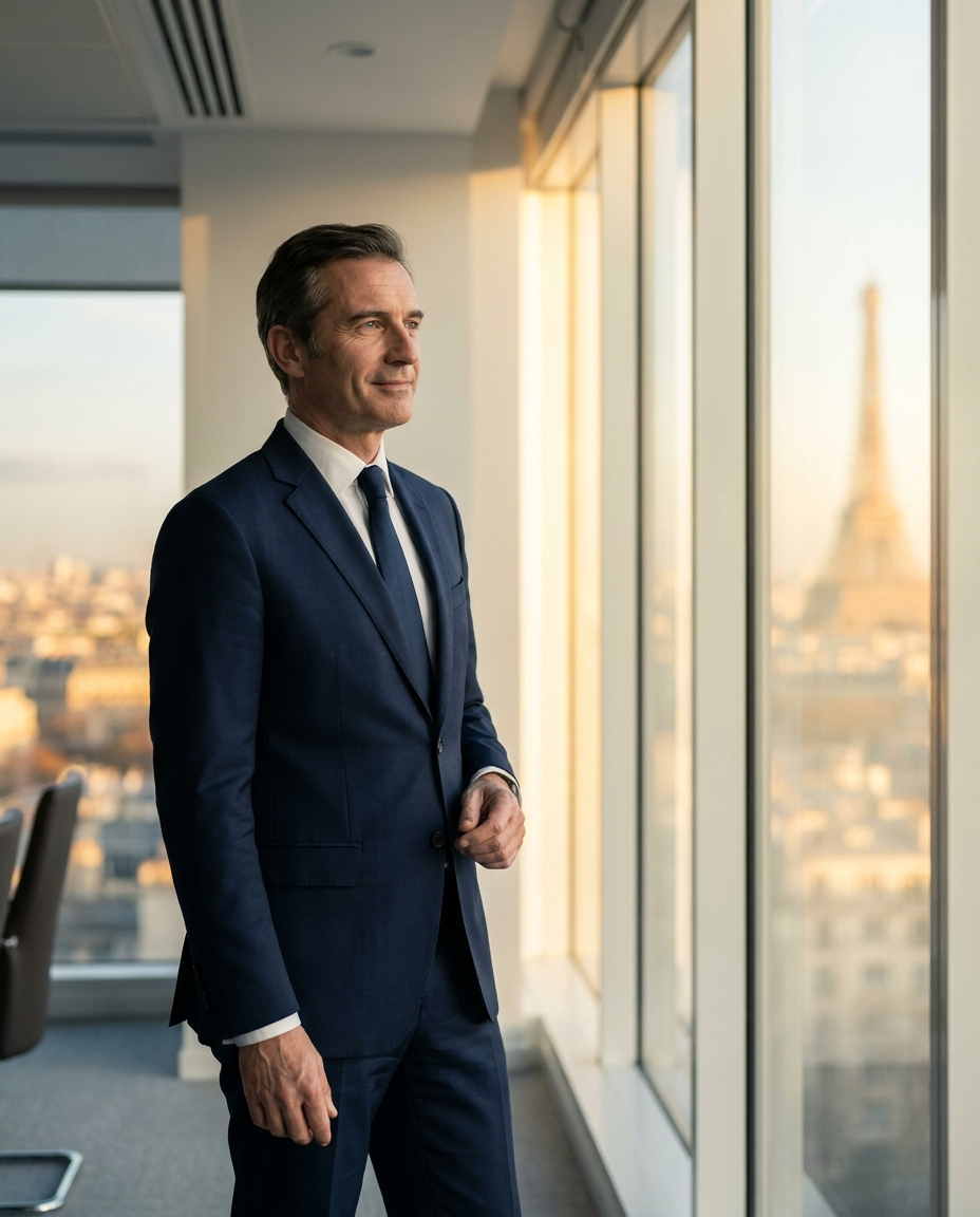 Cadre dirigeant en costume bleu marine, silhouette nette grâce à STATO
